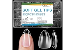 ASENTER Short Almond Nail Tips, 450Pcs Half Matte Soft Gel, Clear Full Cover Acrylic False Press on Nails for Gel Polish & Nail Extensions, Pre-shaped Fake Nails for Salon and Home DIY, 15 Sizes