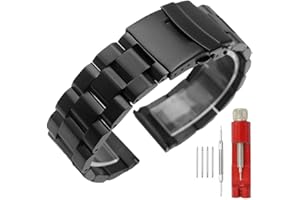 Kai Tian Solidny pasek do zegarka ze stali nierdzewnej z podwójnymi zamkami, szczotkowane wykończenie, zamiennik, metalowa bransoletka dla mężczyzn i kobiet, 18 mm, 20 mm, 22 mm, 24 mm, czarny srebrny