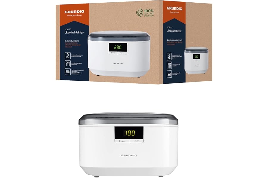 Grundig UC 6620 Ultraschallreiniger mit Timerfunktion, hocheffiziente Reinigung mit Ultraschall, Doppelwellen-Prinzip, 500 ml Wassertank, 50 W Leistung, integrierter Uhrenhalter, Weiß