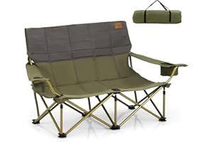 GOPLUS Chaise de Camping Double, Fauteuil de Plage Rembourrée avec Porte-Gobelets, Accoudoirs Réglables, Banc de Camping 2 Places Pliable pour Pêche, Camping, Pique-Nique, Plage, Charge 300KG (Vert)