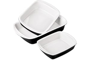 Lovecasa Oven to Table Baking Dish, Rectangular Ceramic Bakeware Set of 3 Ideal for for Cake/Pie/Casserole/Pasta, Small,Medium and Large Black and Cream