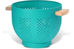 BEIFEIER Scolapasta in metallo con manico in legno, verniciato a polvere, 22 cm, colino da cucina grande con base stabile, perfetto per pasta, frutta, verdura (Teal Opaco)