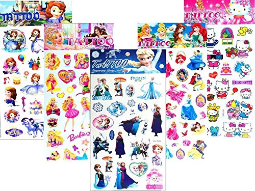 5 Bögen Cartoon Zeichentrick Prinzessin Tattoos Fake Tattoos Geschenk für Kinder