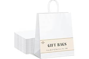 Switory 100 Stk Weiß Papiertüten mit Henkel - 20,3 x 12 x 26,7 cm Klein Geschenktüten Papiertragetaschen Kraftpapiertüte zum Einkaufen, DIY, Lebensmittelgeschäft, Geburtstag, Partyt