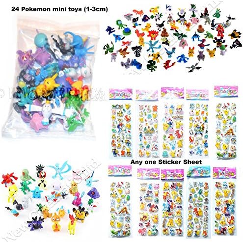 New Celebration 24pcs Pokemon Mini Figure Assorted Mix with 1 Sheet of 3D Pokemon Sticker Random Action Figure Party Bag Fillers
