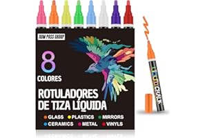 ADM PASS GROUP Rotuladores de tiza liquida. Punta Reversible Gruesa/Biselada Pack de colores para todas las superficies, pizarra, cristal, aluminio, papel, piel. Líquid Chalk lavables (8 Piezas).