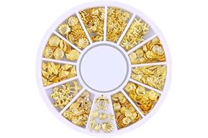 HSHDUTI 1 boîte de breloques pour ongles dorées mélangées - Clous à ongles dorés - Strass étincelants - Rivets métalliques creux - Lune - Étoile - Cœurs - Perles artificielles en forme de cœur - DIY -