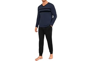 Marvmys Mens Pyjama Set Long Sleeve T-Shirt & Bottom Pants With Pockets Soft 2 Piece Loungewear Nightwear Pjs
