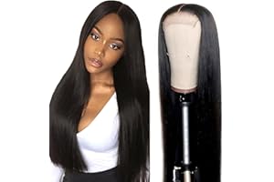 CREUOST Parrucca Capelli Umani delle donne Human Hair Wig 4x1 Lace Front Human Hair Capelli lisci naturali #1B Colored Pre Plucked Virgin Hair With Baby Hair 150% Density Black Straight Wig 16 Pollici
