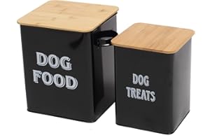 PETHIY Zestaw pojemników na karmę dla psów i smakołyków z łopatką dla psów – ciasno dopasowane drewniane pokrywki – powlekana stal węglowa – kanister do przechowywania puszki – czarny