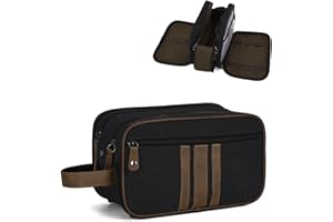 Kasgo Neceser de Viaje Grande de Lona - Bolso Cosmético Impermeable Con 3 Compartimentos, Bolsa de Aseo Con Soporte Cuero para Baño, Gimnasio, Diario, Negro