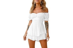 SPRINGCMY Women Puff Sleeve Square Neck Romper Dress Off Shoulder Ruffle Shorts Smocked Layered Flowy A Line MiniBeach Swing Dress Sundress