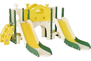 TIMORWTF Tobogán infantil 7 en 1 Tobogán interior y exterior infantil con zona de juegos, cesta de baloncesto y túnel, escaleras y marco de escalada independiente para bebé (7 en 1 amarillo-2)