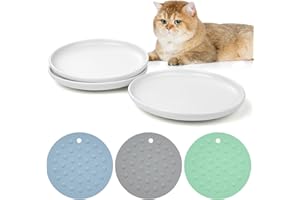 DORAKITTEN Ceramic Cat Bowls 3 Packs, Whisker Stress Free Cat Feeding Plates with 3 Non-Slip Mats, Wide & Shallow Cat Food Dish to Relieve Whisker Fatigue, for Cats, Kittens, Puppies, Dishwasher Safe