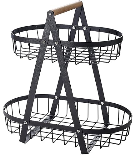 Xinxinphi Cesto Frutta 2 Livelli Con Manico Legno, Ripiani Verdure