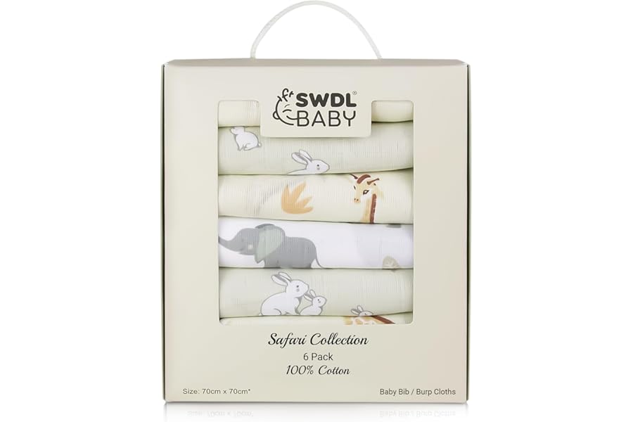 Large Baby Muslin Cloths - 100% Cotton Muslin Squares (Pack of 6, 70 x 70 cm) | Soft, Absorbent & Breathable | Perfect as Baby Bibs & Burp Cloths | Safari Collection