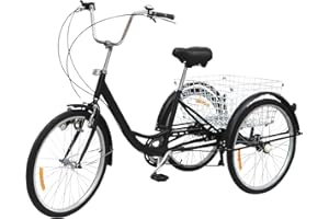 KumuJ Rower trójkołowy dla dorosłych, 24", 6 biegów, rower miejski z koszem na zakupy, tapicerka rowerowa, oparcie siodełka, 3 koła, rower miejski, do aktywności na świeżym powietrzu