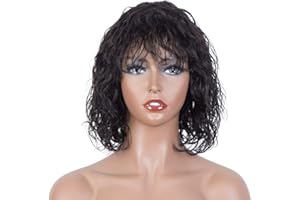 FASHION IDOL Peluca de Cabello Humano Rizado Bob para Mujeres Negras Peluca de Cabello Humano Puro Brasileño de 10 Pulgadas Ondulado Profundo con Flequillo 150% Desidad (Negro, 25CM)