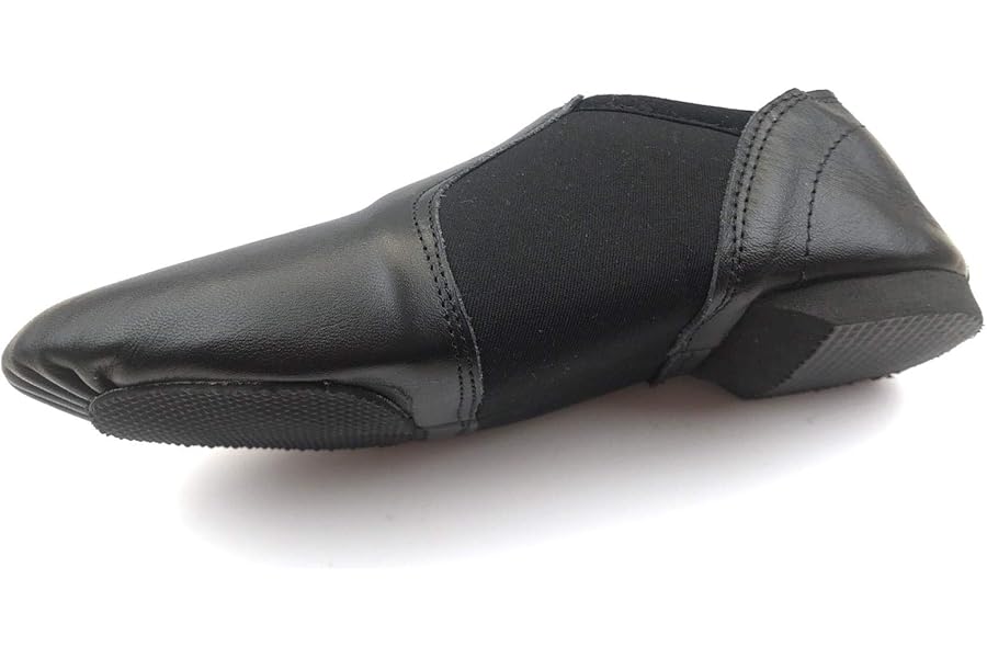 Slip On Jazz Dance Shoes - Black Leather - Modern Stage Rubber Heel Split Sole – Neoprene - Irish Dancing Pumps for Kids, Girls & Children