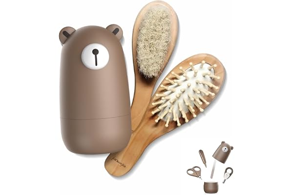Ensemble de toilettage 6 en 1 pour bébé, brosse à cheveux et peigne en bois naturel, ciseaux à ongles, lime à ongles et pince à épiler pour enfants et nouveau-nés dans un joli emballage cadeau