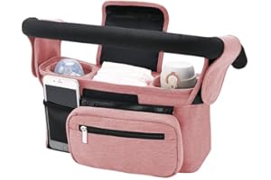 MOFIC Baby Pushchair Organiser, Universal Baby Buggy Organiser with 2 Insulated Cup Holder, Zippered Pocket, Adjustable Shoulder Strap, Large Capacity for Baby Essentials, Fits Any Pram Handlebar (Pink)