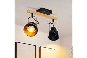 ‎GBLY GBLY Deckenstrahler 2 Flammig Schwarz: Deckenlampe Vintage Schwenkbar 350° MAX.25W E14 Fassung Industrial Holzmaserung Spotbalken für Wohnzimmer Schlafzimmer Büro (ohne Leuchtmittel)