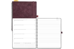 POPRUN Academic 2024-2025 Diary Week to View Large Spiral Bound PU Leather Soft Cover 26.5 x 21.5 cm - 24/25 Mid Year Weekly Planner & Notebook in One, Monthly Tab (Claret)
