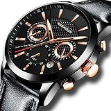 Herrenuhren Edelstahl Schwarz Klassische Luxus Business Casual Uhren mit Mondphase wasserdichte Multifunktions Quarz Armbanduhr für Herren (F)