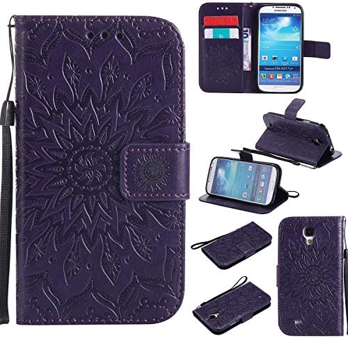 CUSKING Case for Samsung Galaxy S4, Premium PU Leather Embossed Flower Wallet Stand Flip Galaxy S4 Case Magnetic Shockproof Full Protective Case Cover with Hand Strap -Purple