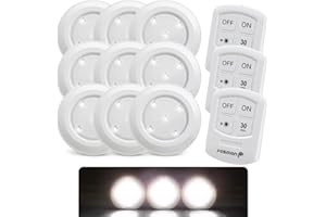 Fosmon Luce a disco con telecomando senza fili, alimentata a batteria, luci a LED da attaccare sotto l'armadio, luci touch a LED per armadio da cucina, confezione da 9