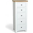 GROF Premium Chest of Drawer Slim Tallboy, 5 Drawer Tall Chest, Painted Bedroom Furniture, Painted White Tallboy Chest of Drawers for Bedroom, Fully assembled (White, W48cm - D40cm - H120cm)