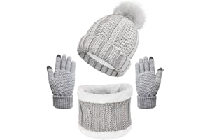 Joligiao Bufanda Gorro Invierno Guantes Set de Bufanda Lana Punto Calentador de Cuello Mujer Gorro de Pompón Cálido Guantes de Pantalla Táctil Punto Sombrero Forro Polar,Vino Tinto,talla única