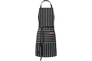 DILLMAN Kitchen Cooking Adjustable Aprons - Men Women Bib Soft Chef Stripes Apron with 2 Pockets
