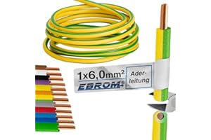 EBROM Cavo di messa a terra rigido H07V-U 6 mm² (1 x 6 mm2) verde/giallo (gnge), disponibile in diverse lunghezze, da 5 metri a 150 metri