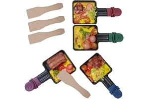 QcuGvy Raclette Pfännchen Ersatz 4 Stück Mini Antihaftbeschichtet Raclette Pfännchen Gusseisen mit 4 Holzschaufel für Raclette Grill Zubehör (Quadrat)