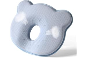WUSDAYER Flat Head Baby Pillow,Memory Foam Baby Pillows,Soft Toddler Pillow for Newborn Prevent Flat Head,Skin Friendly Cotton Pillowcases,Flat Design Bear Shape Comfor Support Suitable for Travel (Blue)