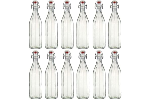 Flaschenland – Uppsättning om 12 glasflaskor på 1 000 ml med strykförslutning, unik design, lufttäta strykflaskor för limonad, juice, likör, vatten, olja hemma eller på kaféer och barer