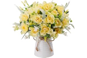 LESING Flores Artificiales Gardenia de Seda con Modernos Ceramica Jarrones de Flores para 3 Piezas de Ramo Novia para Centro de Mesa Decoración, Oficina, Hogar, Cocina, Regalo - champán