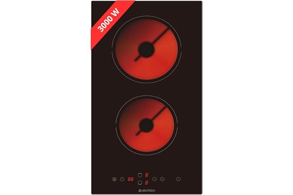 GEDTECH Plaque Vitrocéramique 2 Foyers GTV2Z3000B - 3000W - Touches Sensitives - 9 Niveaux de puissance - Minuteur - Verre Noir