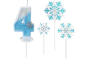 TALEMOON Glitzernde Zahlenkerze 4 mit Schneeflocken-Deko –Geburtstagskerze für Mädchen, Kerze 4 Geburtstag Kinder, Kerzen für Kuchen, Blau-weißer 3D-Glitzer & Tropfschutz