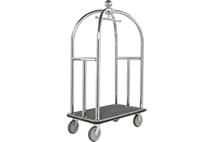 THE WORKPLACE DEPOT Hotel Luggage Cart, Heavy Duty 350kg Capacity Stainless Steel Baggage Trolley with Hanging Rail and Grey Carpet Base on Large Castor Wheels