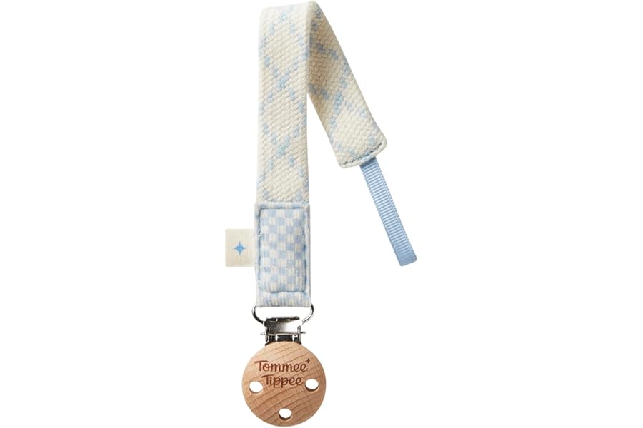 Tommee Tippee Comforter Clip, 0+ Months, 1 Pack, Organic Cotton, Compatible with Any Soother, Loop-on Design, Natural Beech Wood and Stainless Steel Soother Clip, Blue