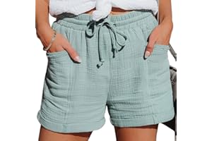 OLIPHEE Short Femme Short en Lin Femme Short Couleur Unie Taille Haute Elastique avec Cordons de Serrage et Poches Short Casual Chic Pantalon Court Femme Short Sport Femme Short Été