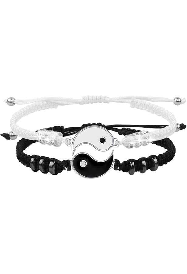 Bracelet Yin Yang Réglable Vicima - Cordon Noir Et Blanc, Breloque Acier, Symbole équilibre | Cadeau BFF, Couple - 3