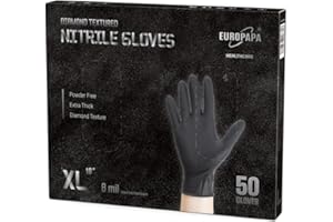 EUROPAPA® 50 guantes de nitrilo extra gruesos DiamantGrip Diamond Perfect Grip Guantes desechables de montaje, guantes de trabajo sin polvo sin látex (8 mil, XL, negro)