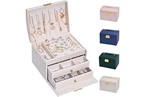 hombrima 3 Layers Travel Jewelry Box, Jewelry Storage Organizer Cases with 2 Drawers and Lock for Women’s Necklace Earrings Rings Bracelet(White)