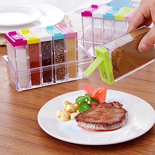 Gewürzdosen Set mit 6 Teilen aus Kunststoff mit dem Aufbewahrungsregal Accessoires für Küche, Farben Zufalls Spice Jar Set Speisewürze Essig Flasche (Transparent) - 3