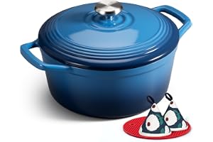 Overmont 6,6 L emaljerad gjutjärn rund gryta med lock kokbok & bomull grytlappar – non-stick holländsk ugn köksredskap för flätning, grytor, rostning, bröd bakning – vit, 28 cm