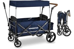 WONDERFOLD X2 Push & Pull Double Stroller Wagon (2 Seater) Featuring 5 Point Harnesses, Adjustable Push Handle, Telescopic Pull Handle, and Removable UV-Protection Canopy, Midnight Blue