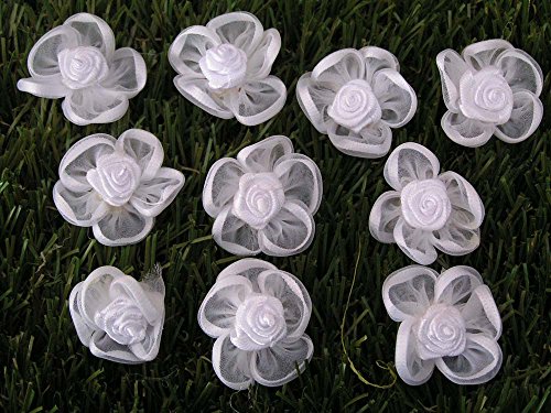 10`er Set filigrane selbstklebende Organzablumen mit Satinröschen weiß dekorieren / verzieren 4366